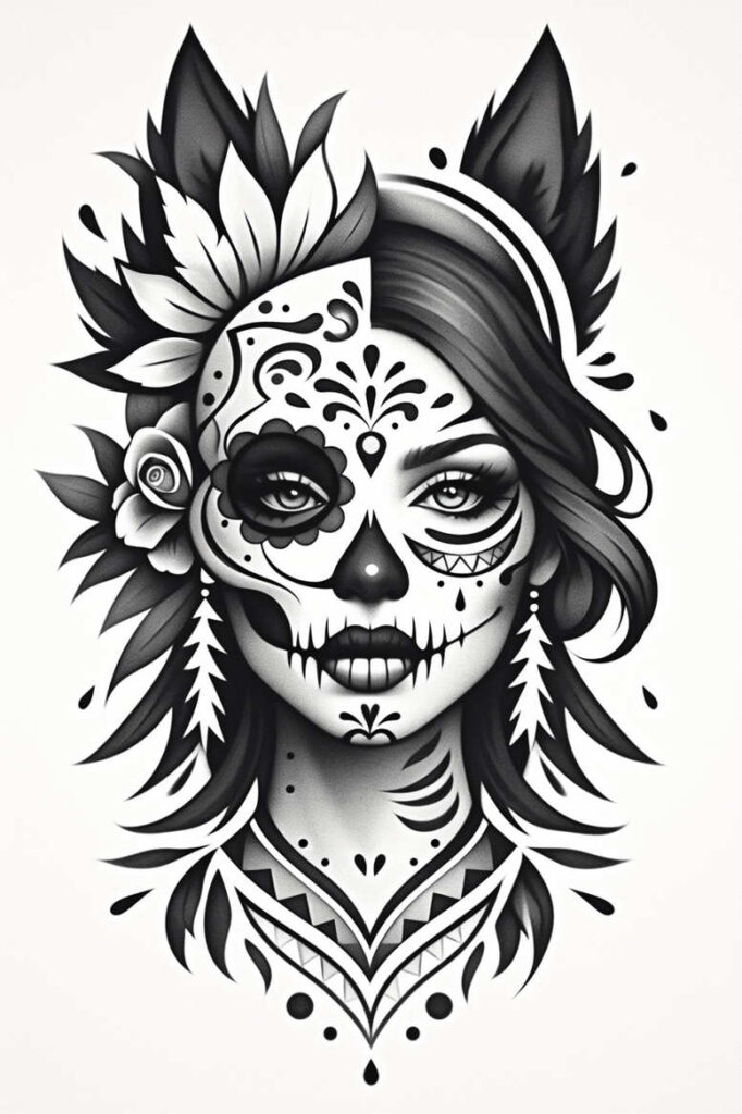 Face with black and grey sugar skull makeup, rose and floral elements, leaves, hair, earrings, and necklace; pattern design; tattoo project; cover-up suitable.