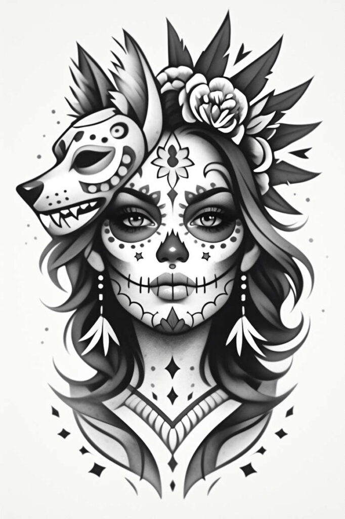 Black and grey sugar skull face with floral headdress and a dog mask on the left; tattoo project idea; not ideal for cover-up.