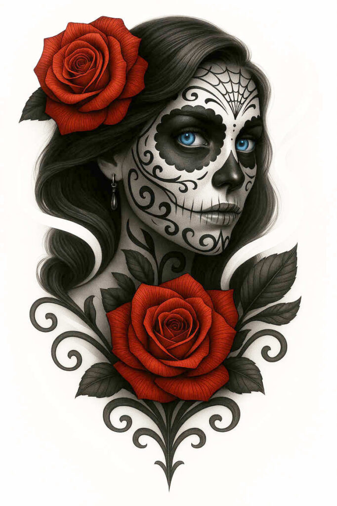 Face with black and grey sugar skull makeup, blue eyes, two red roses in hair and across the chest, earring visible; tattoo project idea; suitable for cover-up.