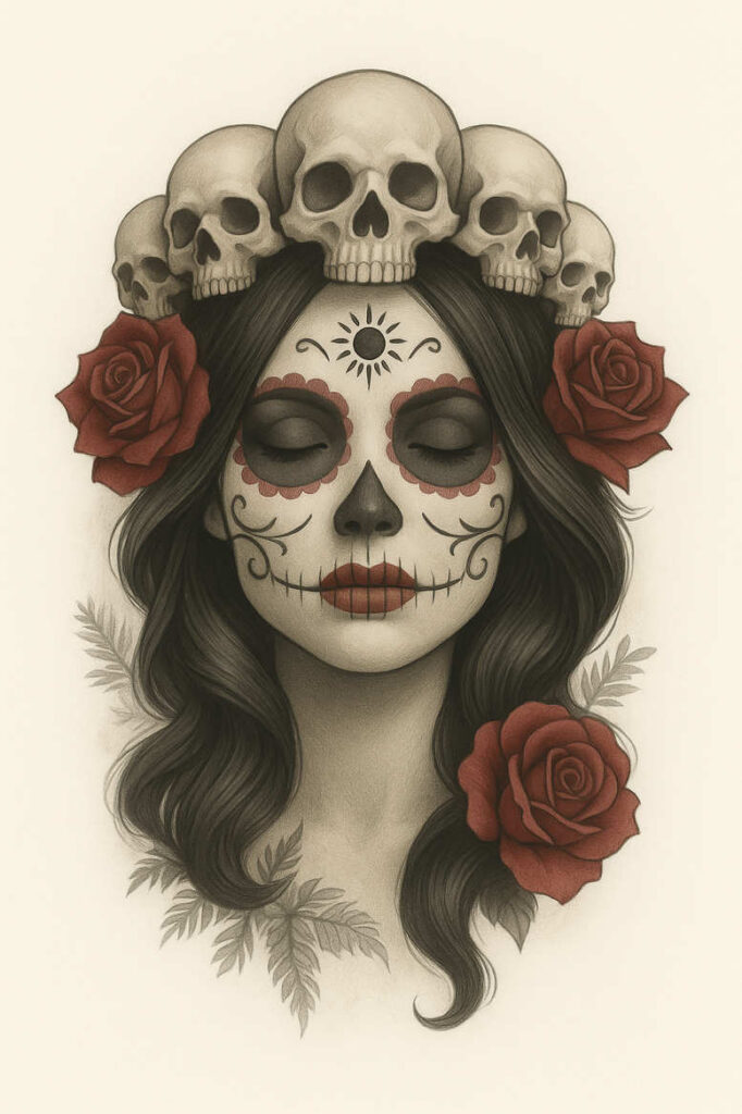 Skull (white/grey), rose (red), fern (green), hair (black); black and grey shading; tattoo design project idea; not a cover-up.