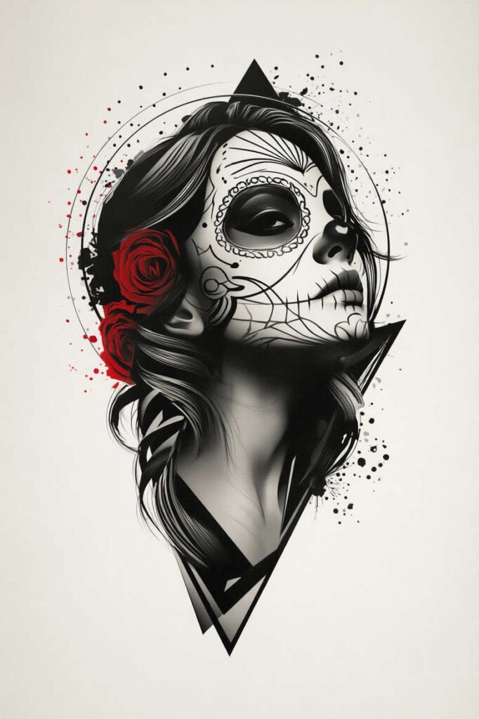 Face with sugar skull makeup in black and grey, red roses at the ear, flowing hair, geometric backdrop; project idea; not a cover-up.