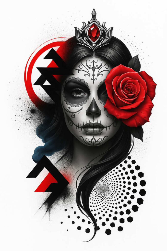 Face with black-and-grey sugar skull makeup, red rose, crown with red gem, and dark hair; AI-generated tattoo project; not ideal for a cover-up.