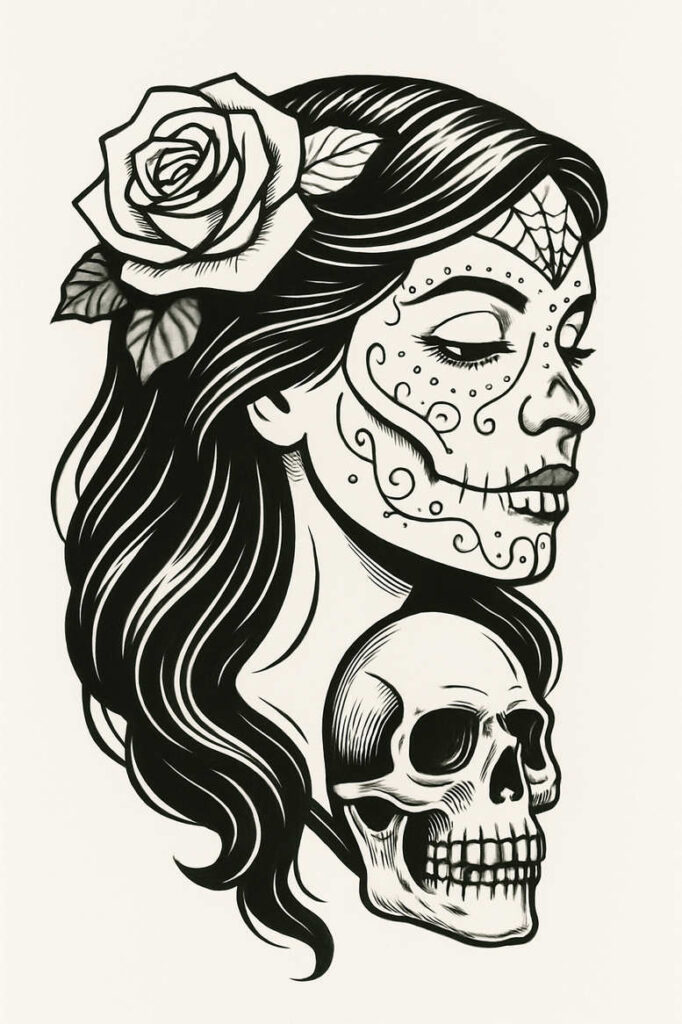 Black-and-grey tattoo design depicting a rose in the hair, a sugar-skull face profile, and a skull at the neck; tattoo project, not a cover-up.