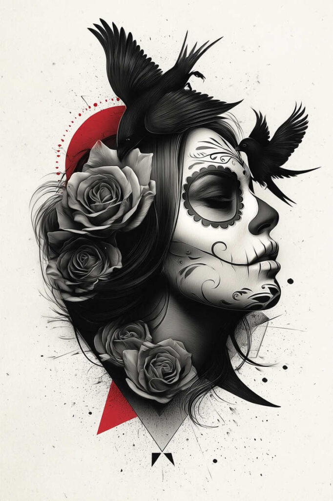 Profile view of a grayscale sugar skull portrait on a woman, with black and grey roses in the hair and a crow; AI-generated tattoo project; not ideal for cover-up.