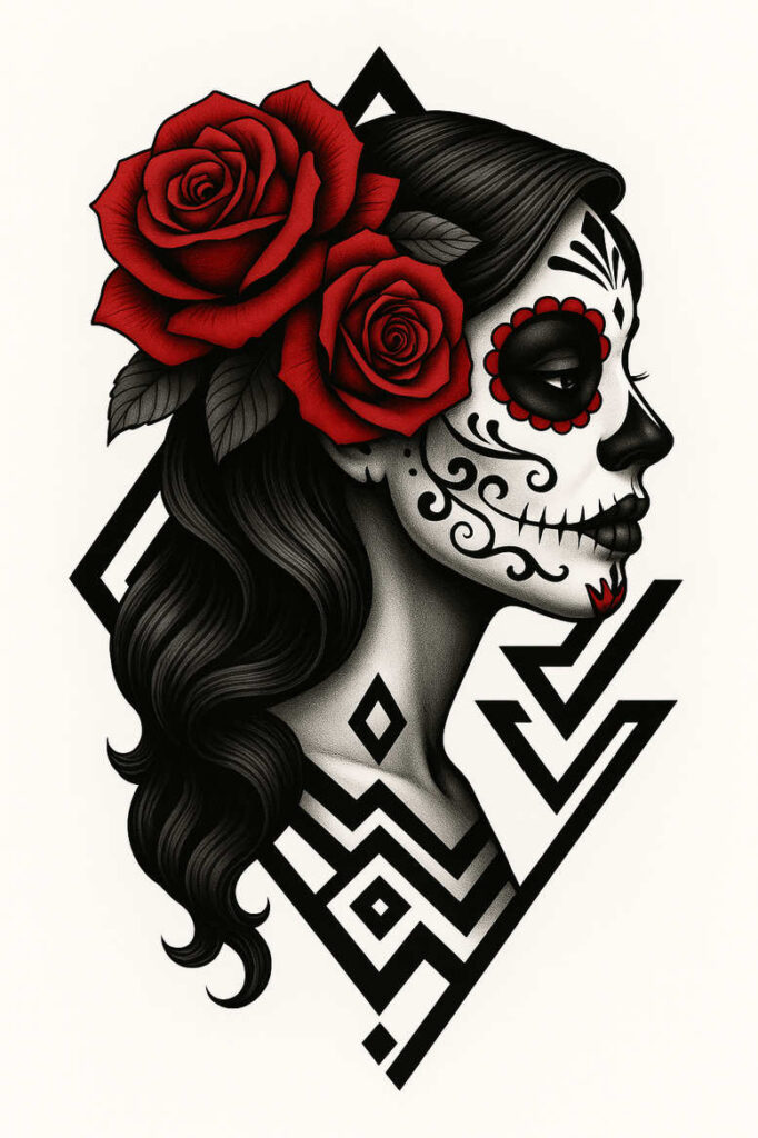 Face profile with sugar skull makeup, two red roses in black hair, and a geometric black and grey background; tattoo project, not ideal for cover-up.
