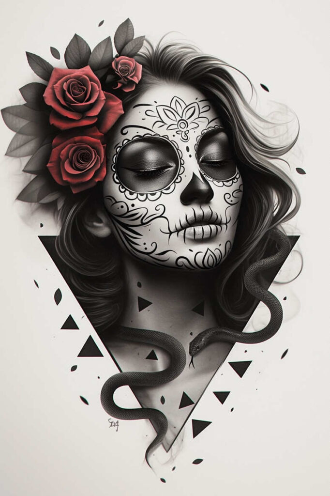 Face, rose, snake, mask, hair, triangle; black and grey with red rose color; AI-generated tattoo project; cover-up suitable.