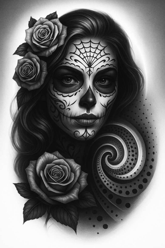 Portrait of a woman with sugar skull makeup in black and grey, roses in her hair, and a swirling dot pattern on the right; a tattoo project idea; cover-up suitable.
