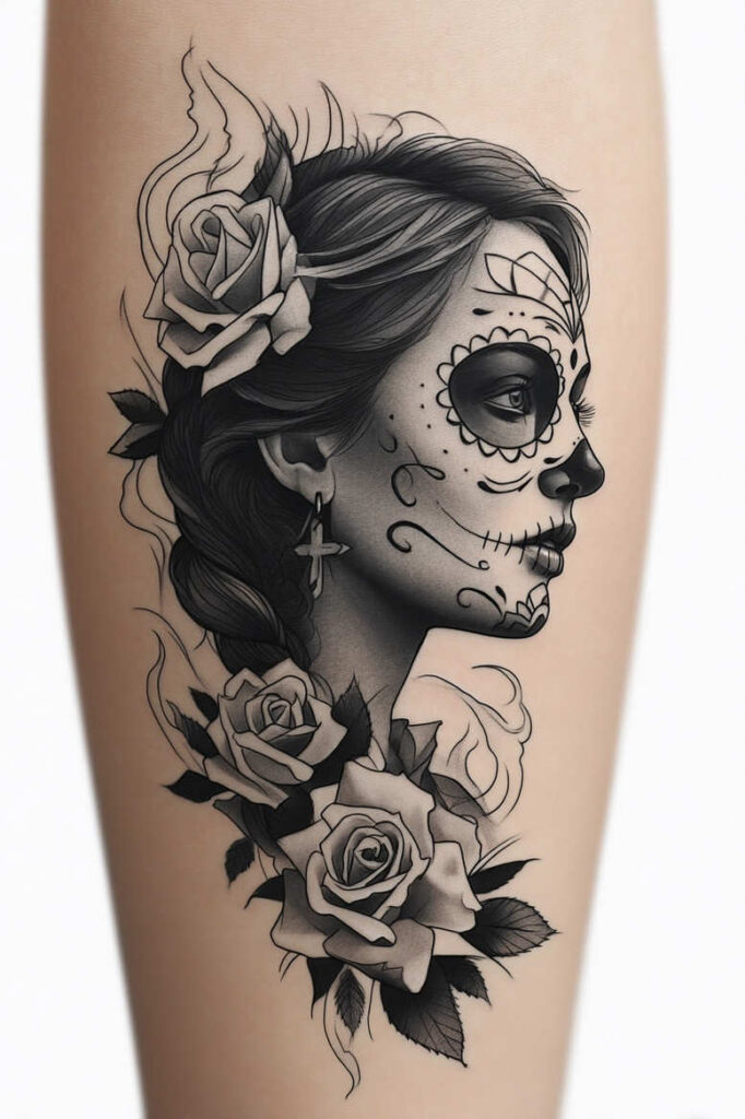Black and grey sugar skull portrait on the face with a rose behind the ear, eye socket decoration, nose shading, and cross earring; tattoo project idea; cover-up possible.