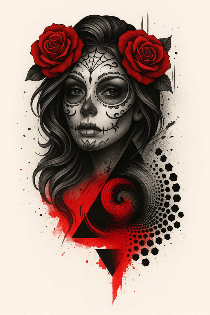 A grayscale portrait of a woman with sugar skull makeup and red roses in her hair, black hair, and geometric patterns; cover-up ready.