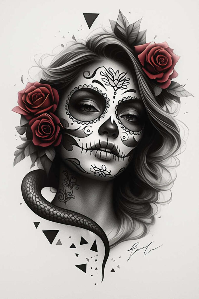 Face with sugar skull makeup in black and grey, two red roses, and a coiled snake; AI-generated tattoo project; cover-up suitable.