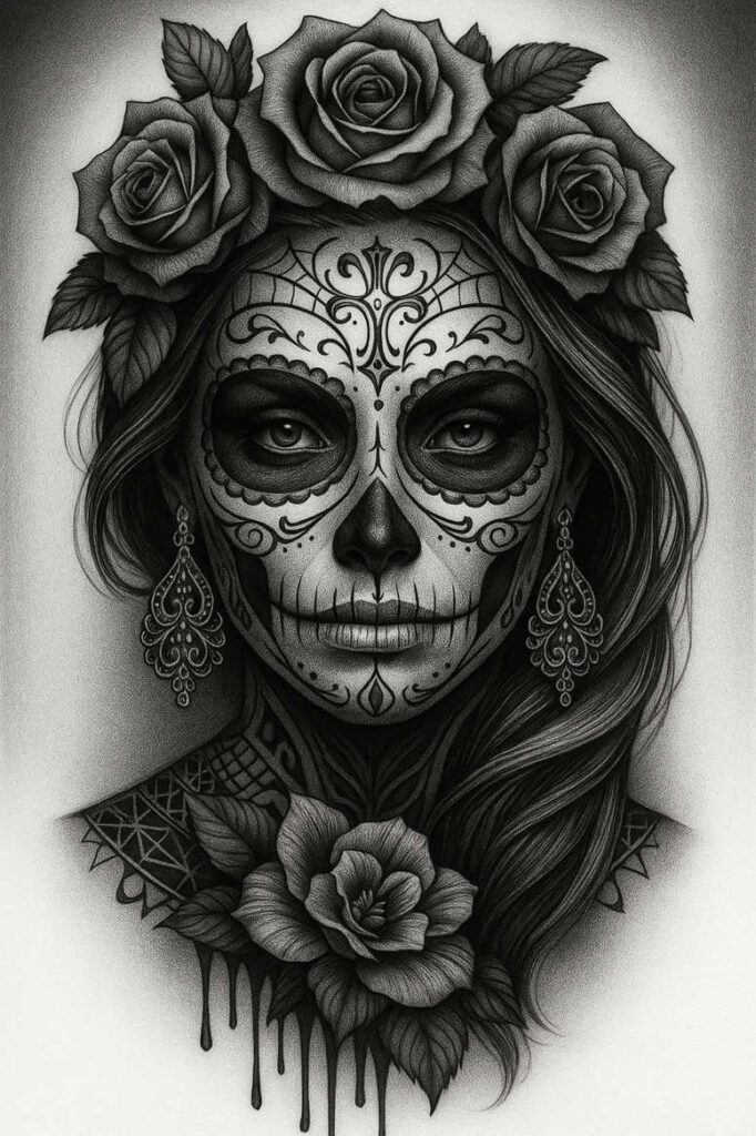 Face in black and grey sugar skull pattern with rose crown, intricate earrings, and a floral chest piece; AI-generated tattoo project, cover-up friendly.
