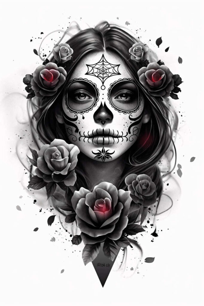 Black and grey sugar skull face with roses around a woman's head; spiderweb forehead detail; project idea; cover-up-ready.