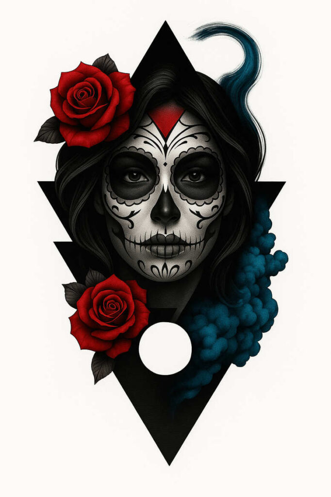 Face with black and grey sugar skull makeup, red roses, blue cloud shapes, and a diamond backdrop; tattoo project idea; cover-up ready.