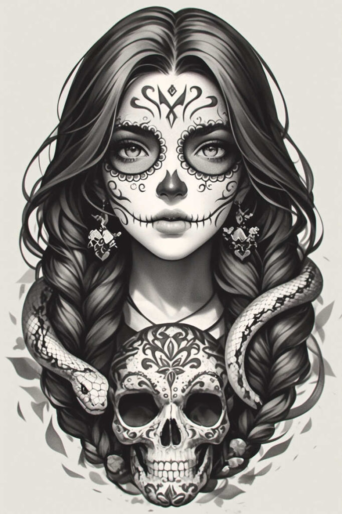 Black and grey tattoo design: sugar skull face, two snakes, braided hair, earrings, skull at the base, and leaves; AI-generated tattoo project; perfect cover-up.