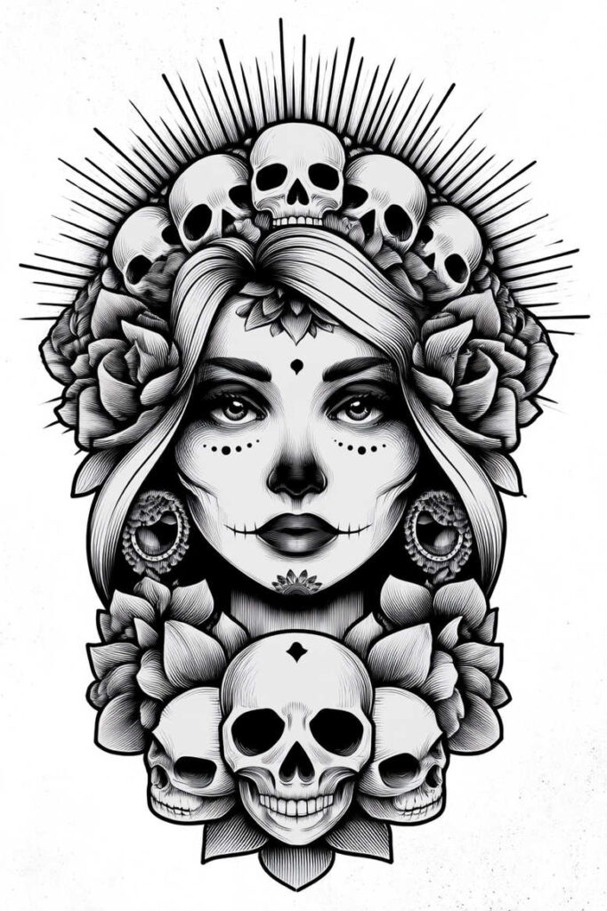 Black-and-grey sugar skull queen portrait: woman's face with decorative makeup, crown of skulls, roses and petals, radiant halo; cover-up-ready.