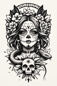 Woman face with sugar skull makeup in black and grey, floral crown, snake looping around neck, skull at bottom; tattoo project idea, cover-up.
