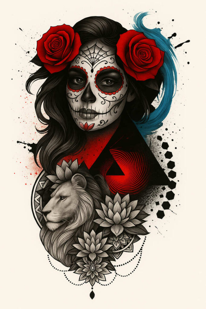Face with sugar skull makeup in black and grey with red accents; two red roses; lion; lotus flowers; blue splash; triangle and hexagon shapes; AI-generated tattoo project.