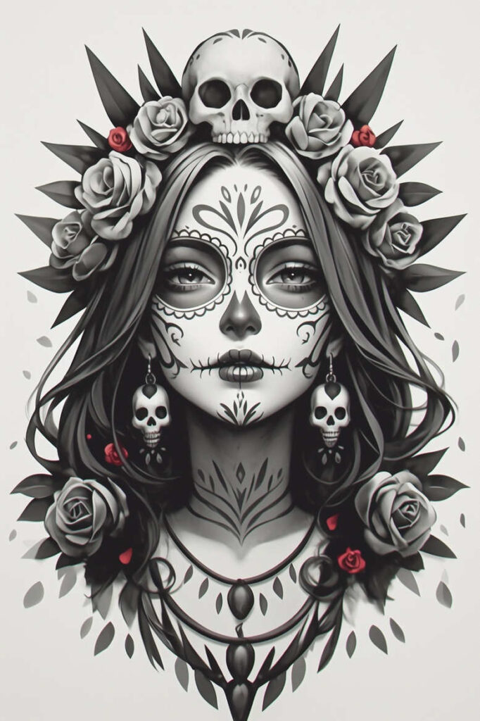 Black and grey sugar skull portrait with crown skull, roses, leaves, and skull earrings; AI-generated project, suitable for a cover-up.