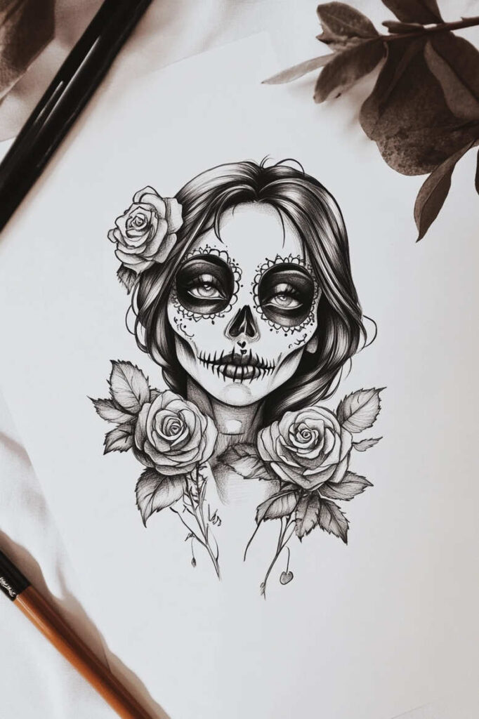 Skull, rose, pencil, and paper; black and grey tones on white background; tattoo design concept (project), not specifically for cover-up.