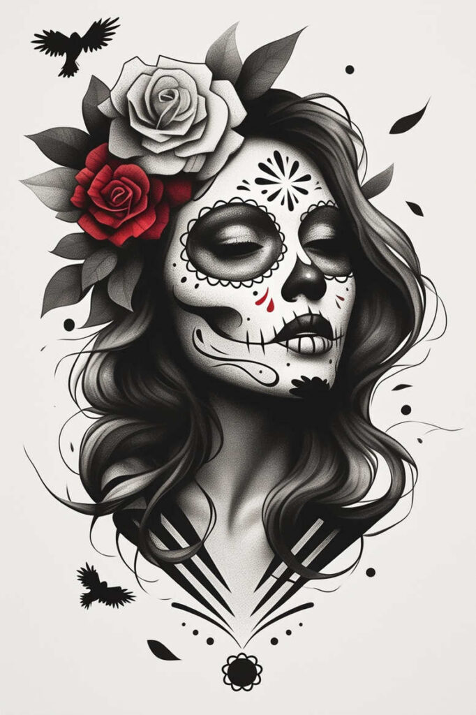 Face portrait in black and grey sugar skull style with red rose, gray/white rose, flowing hair, and a black bird silhouette; AI-generated tattoo project; cover-up ready; pattern emphasis.