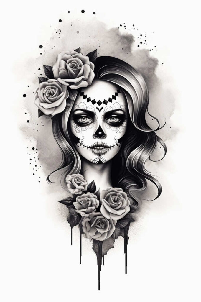 Face of a woman with black-and-grey sugar skull makeup, flowing hair, and roses around the head; tattoo project idea; perfect for a cover-up.