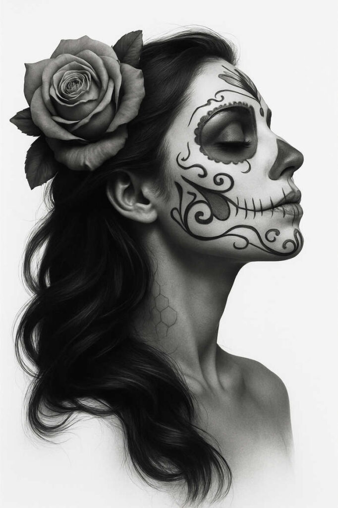 Black and grey portrait with sugar skull makeup and a large rose in the hair; visible elements: rose, face, neck, hair; project idea; cover-up.