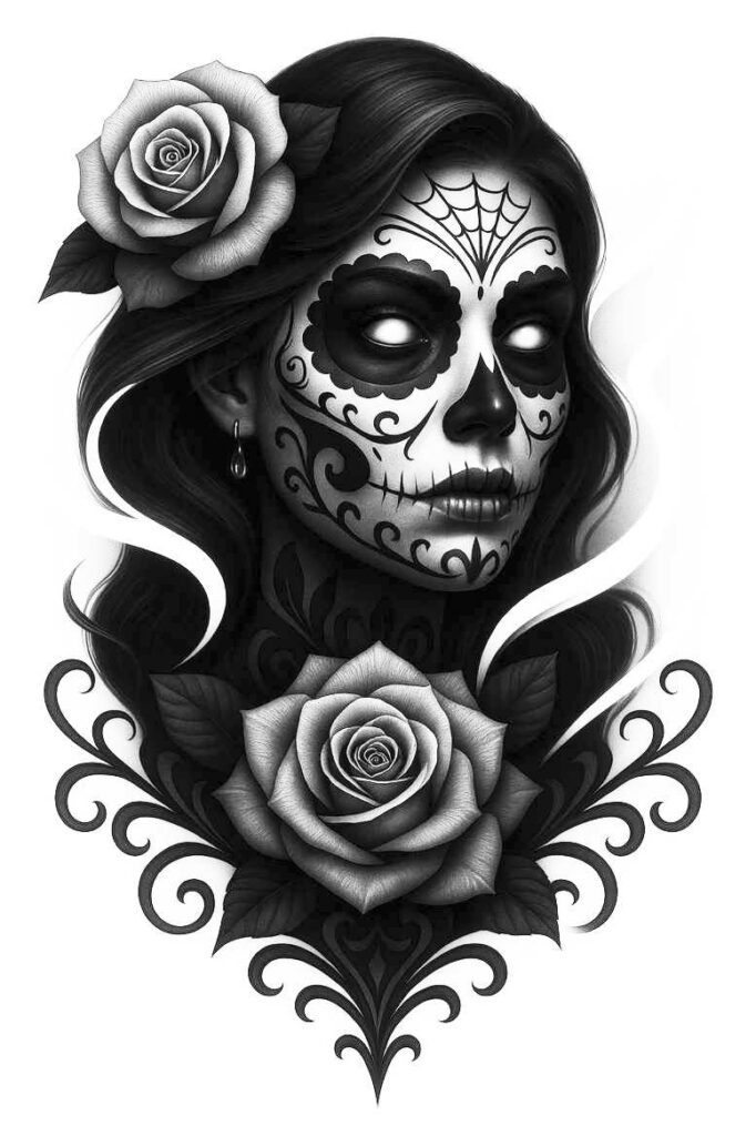 Face with sugar skull makeup in black and grey, roses in hair and on the chest, hair, earring, leaves, and decorative filigree; AI-generated tattoo project; cover-up-ready.