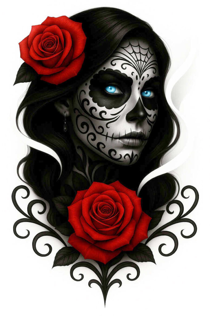 Portrait of a woman with sugar skull makeup in black and white, blue eyes, red roses in hair and on the neck, and ornate scrollwork; AI-generated tattoo concept; suitable for cover-up.