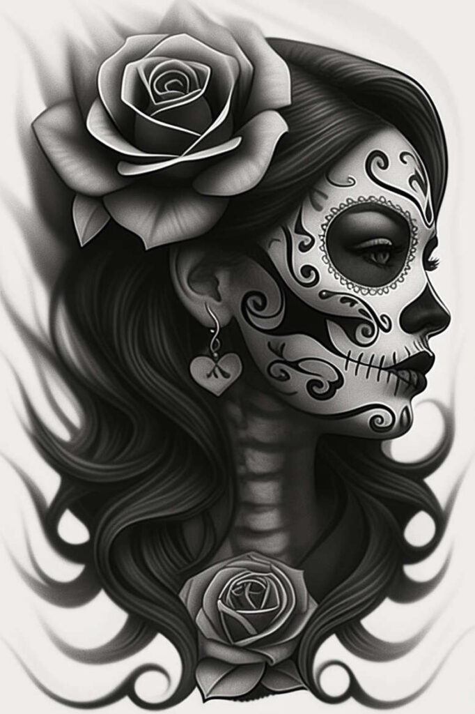Face with sugar skull makeup, rose in hair, heart earring, black-and-grey shading, rose tattoo on neck; project idea, suitable for a cover-up.