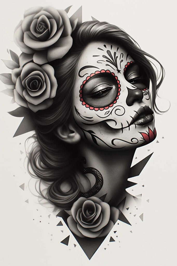 Face with sugar skull makeup in black and grey; roses on the head, earring visible, neck shadow; project concept; not for cover-up.