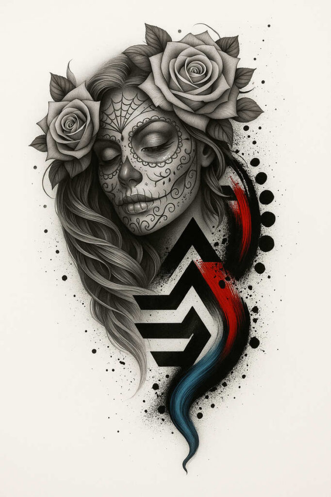 Black and grey portrait of a woman with sugar skull face paint, two roses in her hair, flowing braid, and a bold black geometric symbol with red and blue accents; project; not ideal for cover-up.