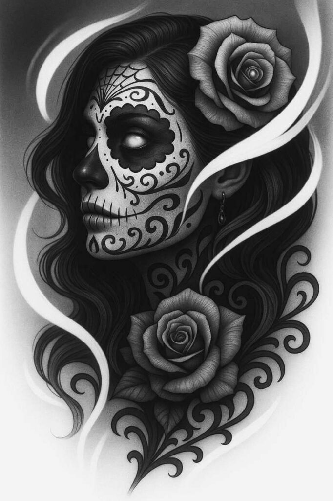 Portrait of a woman with sugar skull makeup in black and grey; two roses in hair and on neck; earring visible; tattoo design idea; cover-up suitable.