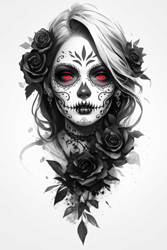 Face with sugar skull makeup in black and grey, red eyes, surrounded by roses; visible earring and necklace; tattoo project idea; perfect for a cover-up.