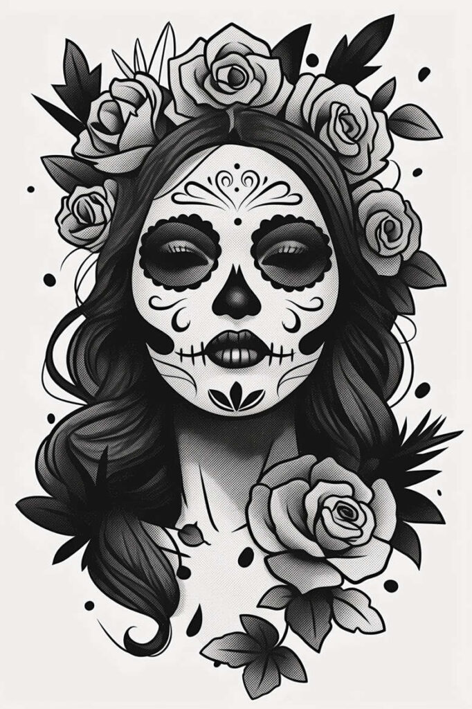 Face of a woman with sugar skull makeup in black and grey, surrounded by rose and leaves; an AI-generated tattoo project; perfect for cover-up.