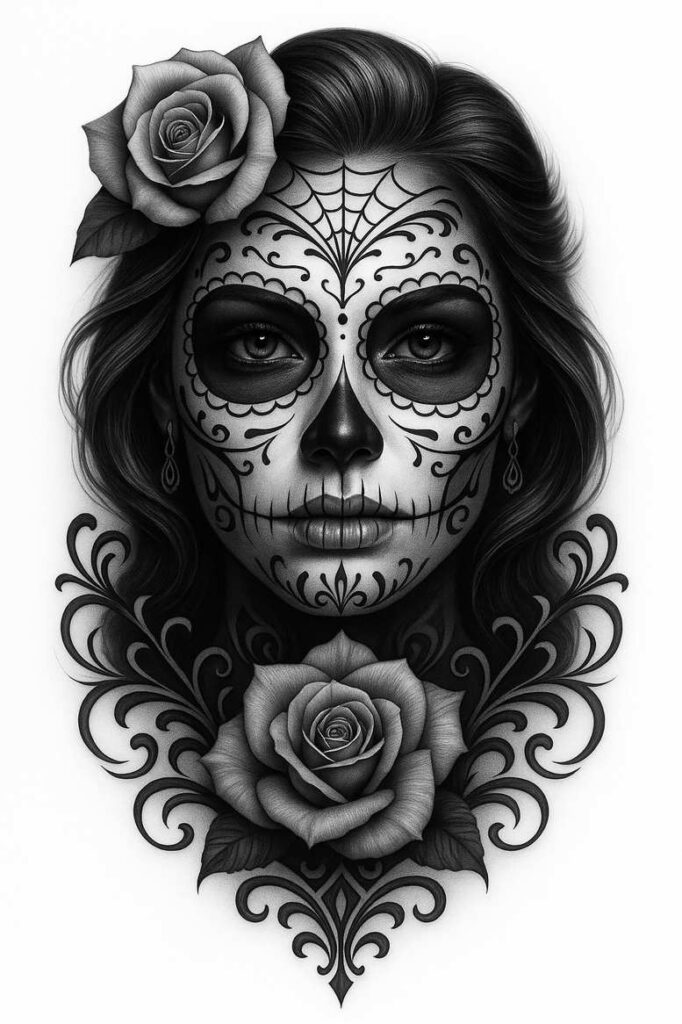 Face with black and grey sugar skull makeup, rose on temple, rose at chin, and an earring visible.