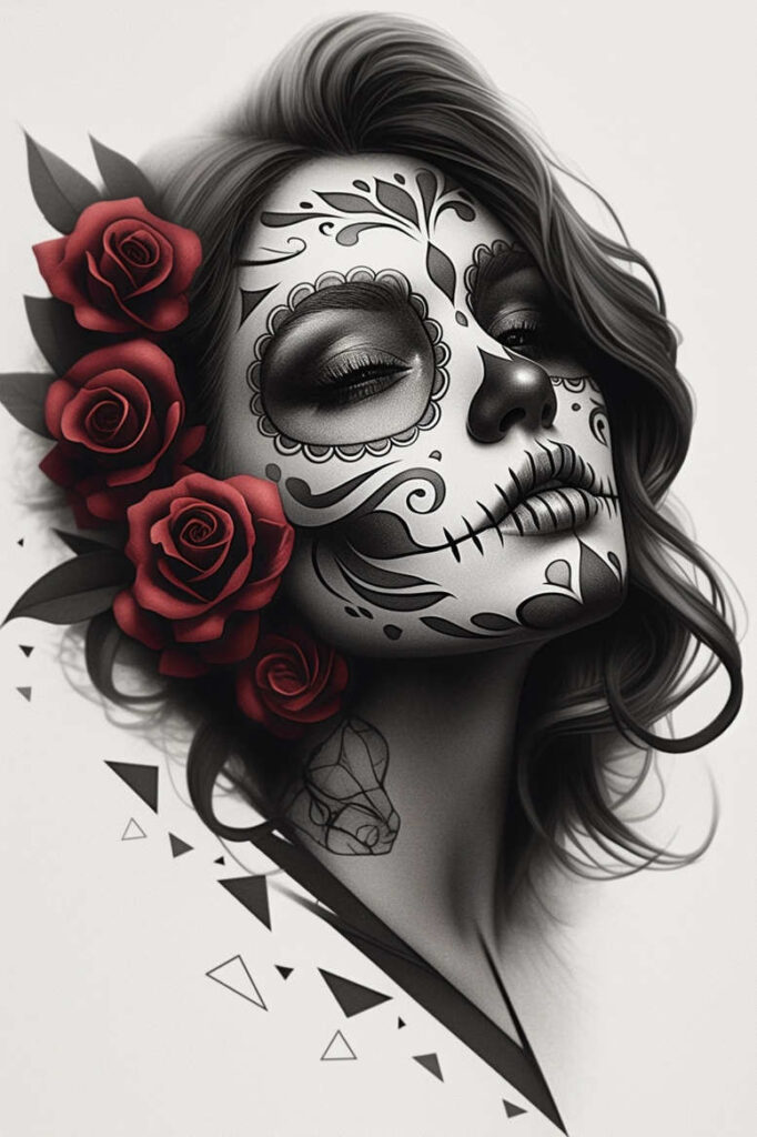 Face with sugar skull makeup in black and grey, ornate pattern lines, grayscale shading, and red rose; tattoo design concept.