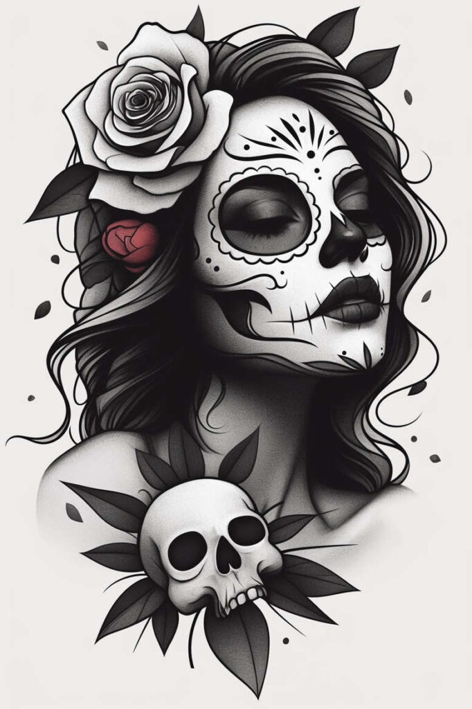 A black and grey portrait of a woman with sugar skull makeup, a large rose in her hair, leaves around, and a skull motif at the chest; tattoo concept, cover-up.