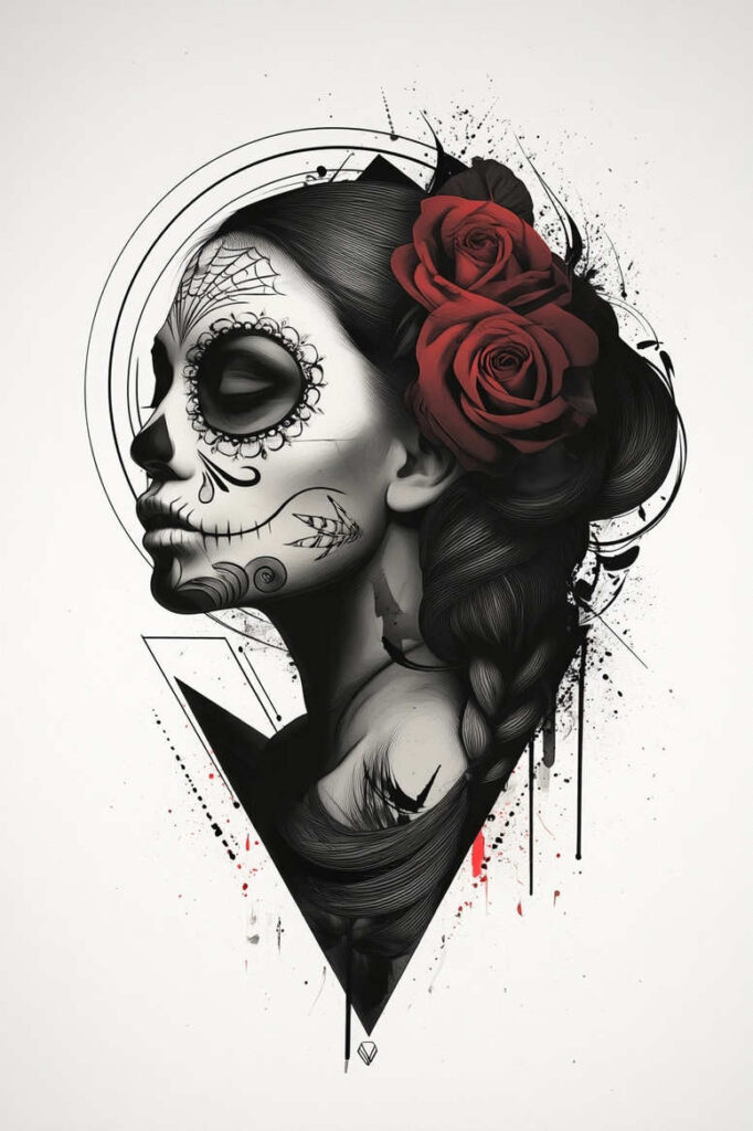 Black-and-grey sugar skull face with two red roses in the hair, braided locks, circular geometric halo, and splashes; AI-generated tattoo project; perfect for a cover-up.