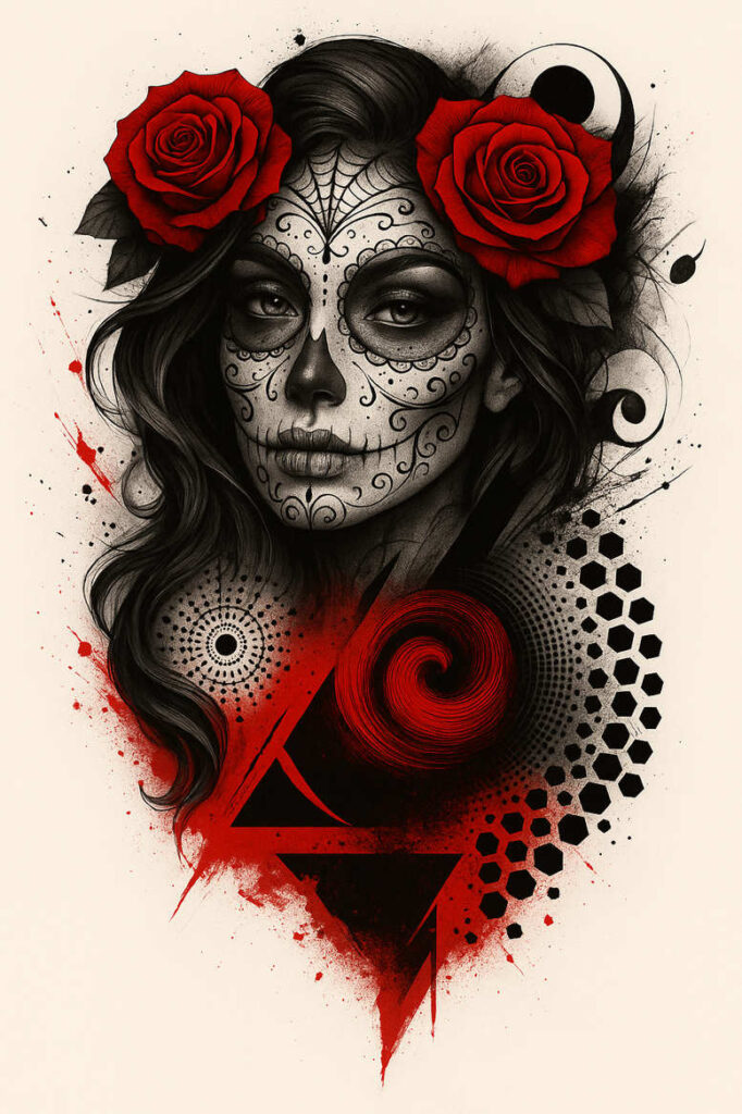 Black and grey portrait of a woman with sugar skull makeup, two red roses in her hair, and geometric hexagon accents.