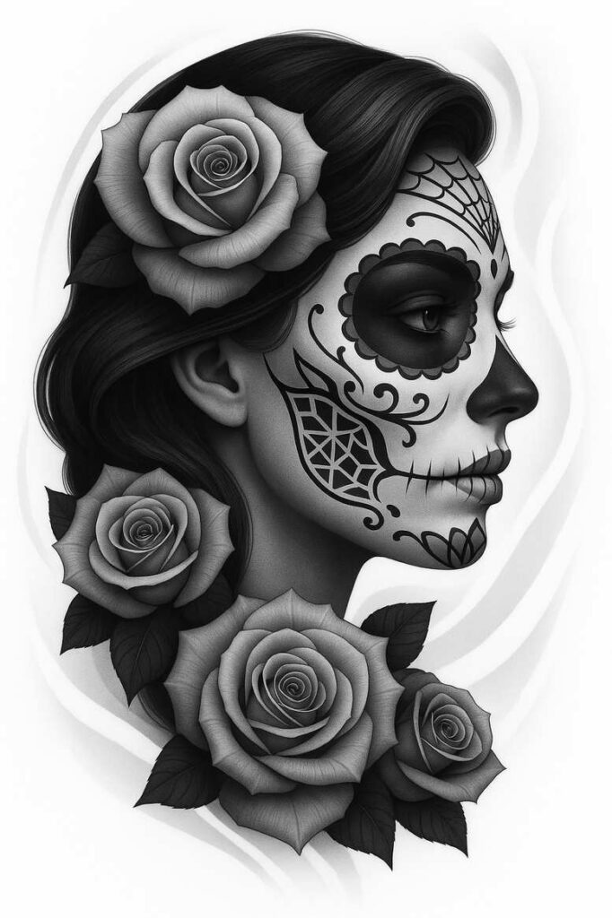 Portrait of a woman with sugar skull makeup and roses in black and grey; AI-generated tattoo project, cover-up-ready.