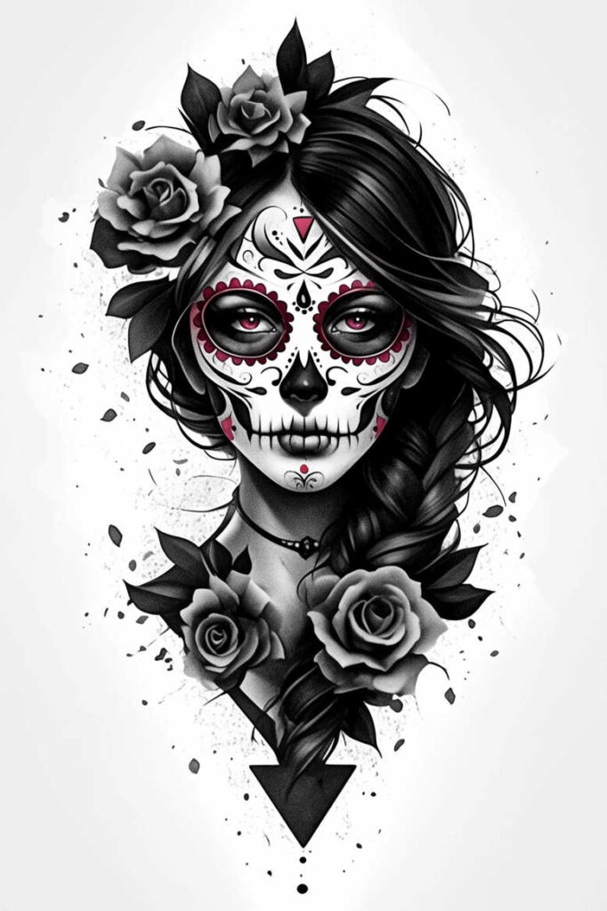 Face with sugar skull makeup in black and grey, roses in hair, braid; AI-generated tattoo project; perfect for a cover-up; pattern.