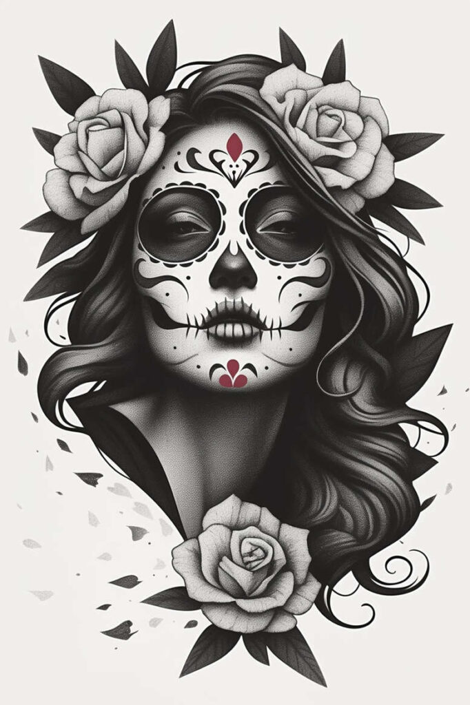 Face, skull, hair, rose, leaf in black and grey; tattoo project idea; pattern emphasis; cover-up suitability: no.