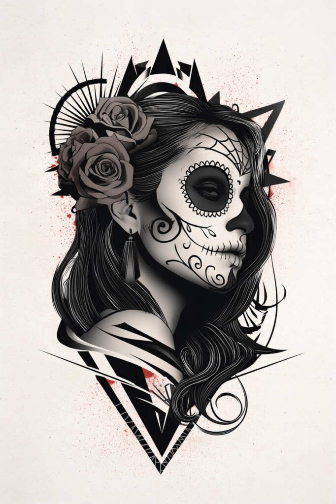 Black and grey sugar skull makeup on a woman's face with roses in hair, earring, and geometric ring and triangle shapes; tattoo project idea, suitable for cover-up.