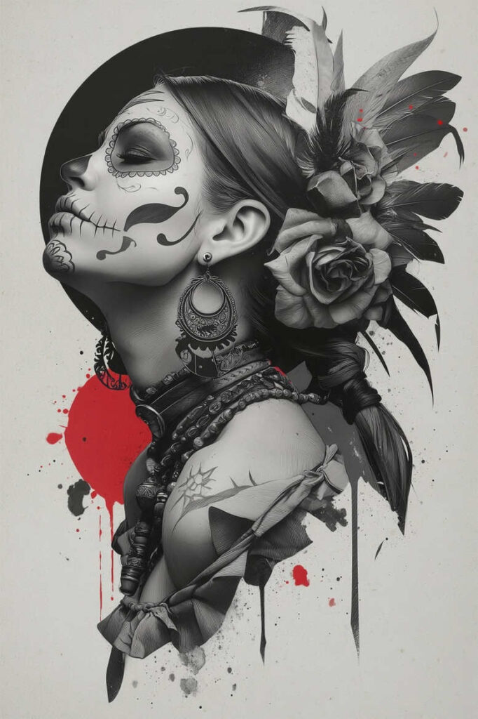 Woman profile with skull makeup, rose accents in hair, hoop earring, layered necklace, sun tattoo on shoulder, braid, circular backdrop; black and grey palette, perfect cover-up tattoo project.