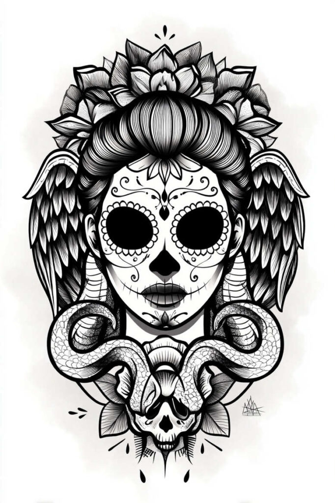 Sugar skull face in black and grey with ornate patterns, ram horns, and angel wings; tattoo project idea, suitable for a cover-up.