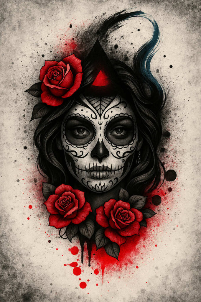 Face, hair, and rose accents appear in black and grey sugar skull makeup on a textured background; AI-generated tattoo project; cover-up: no.