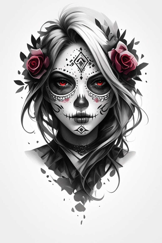 Face portrait with sugar skull makeup in black and grey, red eyes; roses in hair, choker, and leaf accents; AI-generated tattoo design concept; not a cover-up.