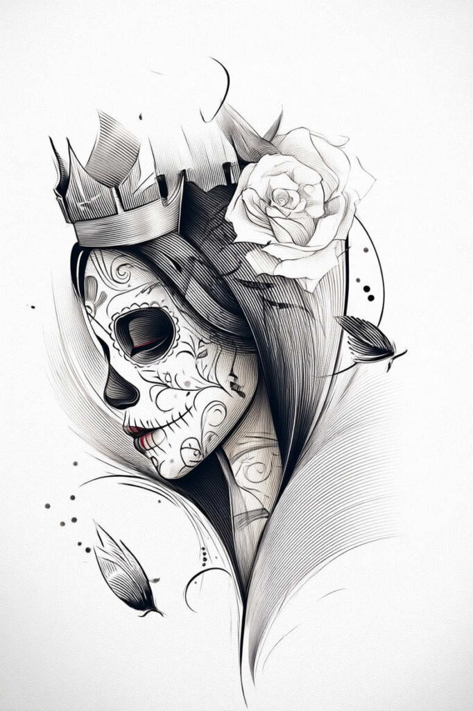 Sugar skull face in black and grey linework with crown and rose, flowing hair; tattoo design concept, not ideal for cover-up.