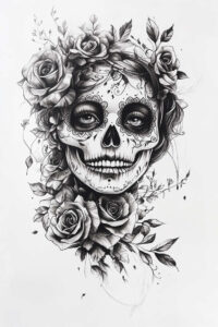 Sugar skull with rose crown in black and grey; tattoo design idea featuring pattern details and cover-up suitability.