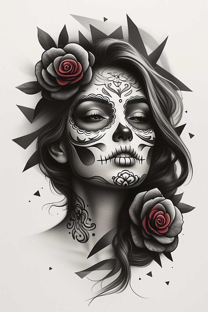 Rose, face, neck, hair, and geometric triangles in black and grey with red rose accents; sugar skull-inspired tattoo design concept; AI-generated project; cover-up suitable.